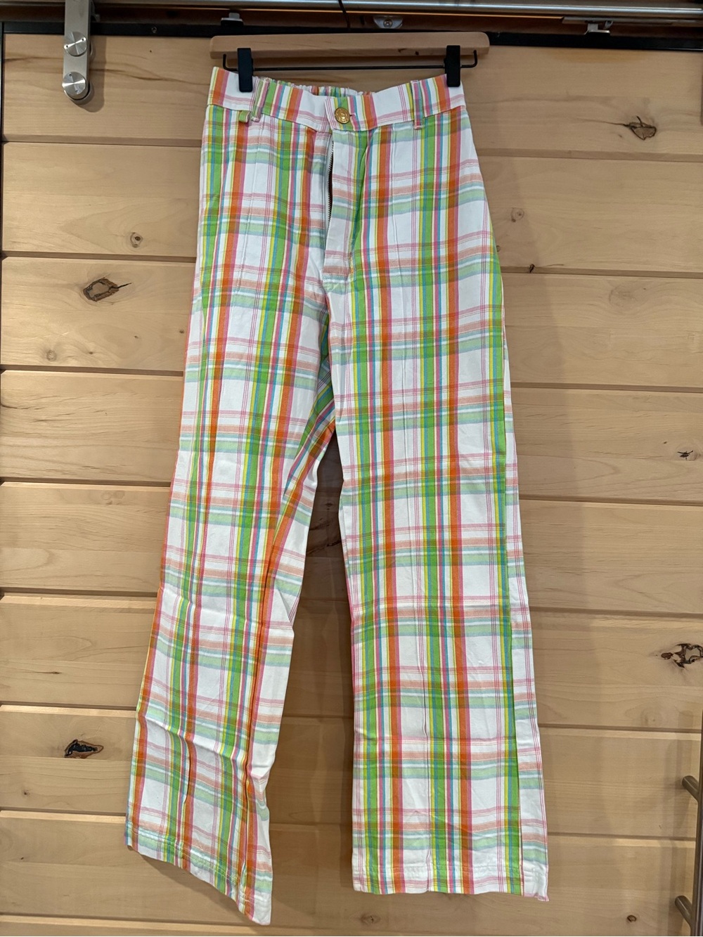 Big Bud Press Western Pants XS White Plaid with Green & Orange Stripes